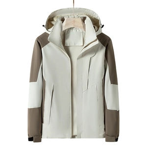 Waterproof two-tone hooded jacket in beige and brown with breathable mesh lining