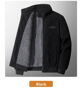Detail of men's black corduroy jacket showing warm grey fleece lining and ribbed cuff