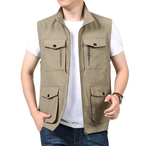 Outdoor-Utility-Weste für Herren mit vielen Taschen und Stehkragen in Khaki-Twill