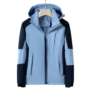 Waterproof light blue hooded windbreaker jacket for outdoor sports and hiking