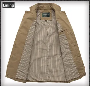 Detail of khaki men's cotton jacket showing striped inner lining and collar size tag