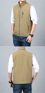 Front and back view of khaki outdoor utility vest with multi-pockets and full zipper closure
