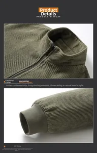 Detail view of corduroy jacket featuring stand collar, metal zipper, and ribbed cuffs