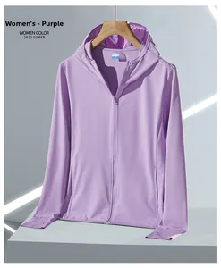 Détail macro de la veste de protection solaire lilas UPF50+ avec passe-pouces