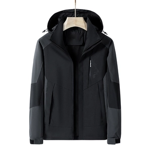 Waterproof outdoor windbreaker for men with hood and black-grey contrast stitching