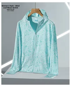 Détail de la veste de protection solaire en soie glacée bleu clair aux motifs tropicaux
