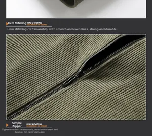 Detail of olive green corduroy jacket showing neat stitching and durable zipper quality