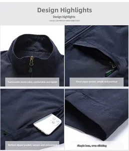 Dettagli del gilet da pesca blu scuro con colletto rialzato e tasche con zip funzionali