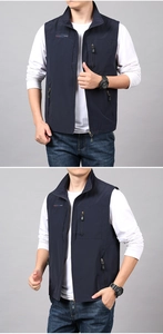 Detail of outdoor utility vest with FREEDOMWAY PERSONALITY logo and multi-pocket design