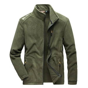 Men's dark army green fleece jacket with standing collar and three zipper pockets
