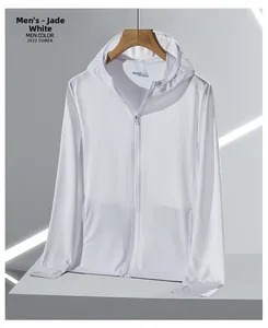 Détail de la veste de protection solaire en soie glacée blanche avec passe-pouce