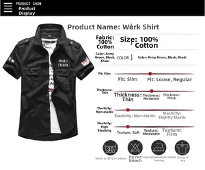 Detail view of 100% cotton work shirt fabric specifications and washing instructions