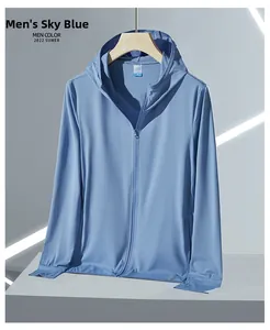 Détail de la texture en maille de la veste de protection UV bleu ciel pour homme