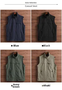 Griglia dettagliata che mostra gilet da pesca multitasche in blu, nero, verde e kaki