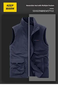 Detail view of double-sided fleece vest with multi-pocket design and windproof stand collar