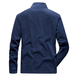 Back view of a deep blue thermal fleece jacket with a stand-up collar for men