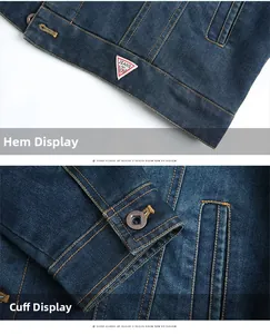 Detail view of denim jacket hem with logo label and cuffs with metallic buttons