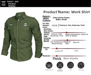 Detail showing 100% cotton material and military pockets of army green cargo shirt