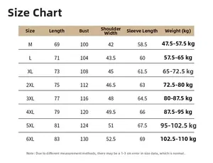 Detailed size chart for men's long sleeve work shirt with measurements from M to 6XL