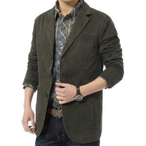 Men's olive green cotton business casual jacket with notch lapels and three buttons