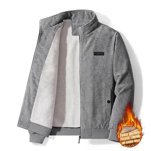 Men's grey corduroy jacket with white fleece lining and stylish stand collar design
