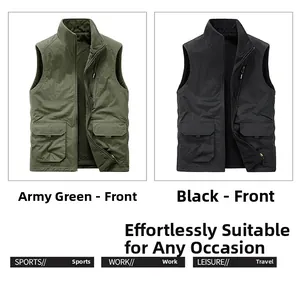 Detail view of reversible fleece vest with cargo pockets and windproof stand collar