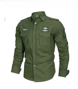 Detail view of military green cotton cargo shirt featuring tactical embroidered patches