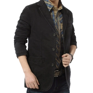 Men's business casual cotton jacket with notch lapel and patch pockets in black