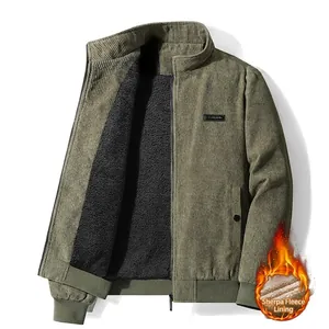Men's army green corduroy jacket with thick fleece lining and ribbed cuffs