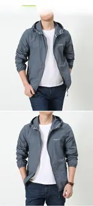 Detail of grey-blue ice silk jacket with arm zipper pocket and hooded outdoor design