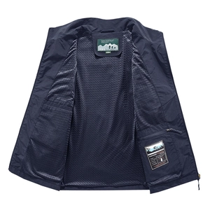 Deep blue multi-pocket cargo vest with breathable mesh lining and inner zipper pocket