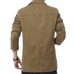 Men's khaki cotton business casual jacket with stylish lapel and decorative cuff buttons