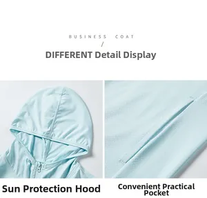 Détails de la veste en soie glacée bleu clair avec capuche solaire et poches latérales