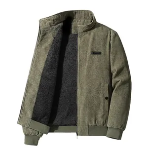 Army green corduroy jacket for men with warm fleece lining and stylish stand collar