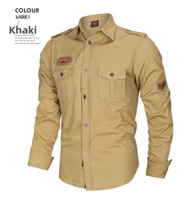 Detail view of khaki military cargo shirt showing shoulder epaulettes and chest pockets