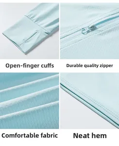 Détails de veste anti-UV en soie glacée avec passe-pouces, zip YKK et tissu respirant