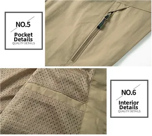 Detail view of khaki outdoor vest showing zipper pocket and breathable mesh lining texture