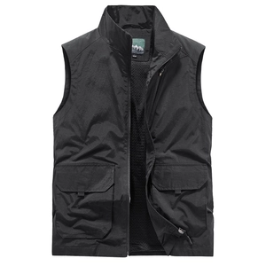 Men's outdoor utility cargo vest with multiple pockets and stand collar in black finish