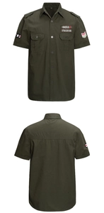 Detail of military green short sleeve cargo shirt with dual chest pockets and patches