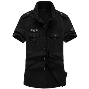 Men's black short-sleeve military shirt with chest pockets and embroidery on plain white background