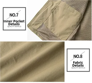 Detail of khaki fishing vest showing mesh lining inner pocket and durable fabric texture