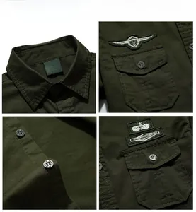 Detailed view of army green tactical shirt featuring military badges and chest pockets