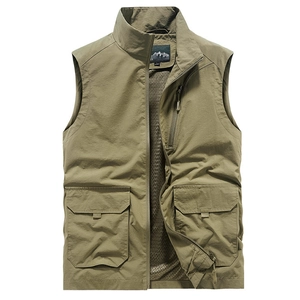 Men's outdoor cargo vest in khaki with multi-pockets and breathable mesh lining