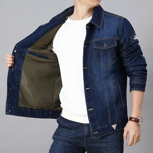 Men's dark blue denim jacket with olive mesh lining and classic utility cargo pockets