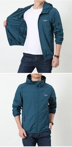 Detail view of deep teal blue ice silk hood jacket with tactical arm pocket and logo