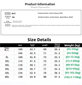 Detailed size chart for men's short sleeve cargo shirt with measurements and fabric info