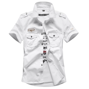 Men's white short sleeve cargo shirt with double chest pockets and shoulder epaulettes