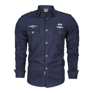 Men Long Sleeve Tactical Work Shirt Cotton Blend Military Style Outdoor Casual Top With Pockets Epaulets Embroidery Badges Big Tall Size