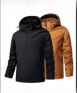Detail showing khaki and black windproof jackets with hooded collars and zip closures