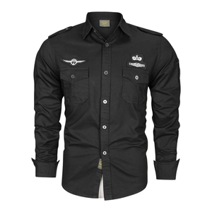 Men's black long-sleeve tactical shirt with chest pockets and military-style badges
